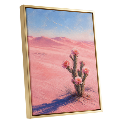 Blush Desert Bloom, pink, blue, purple floral wall art shown as a gold framed canvas wall art