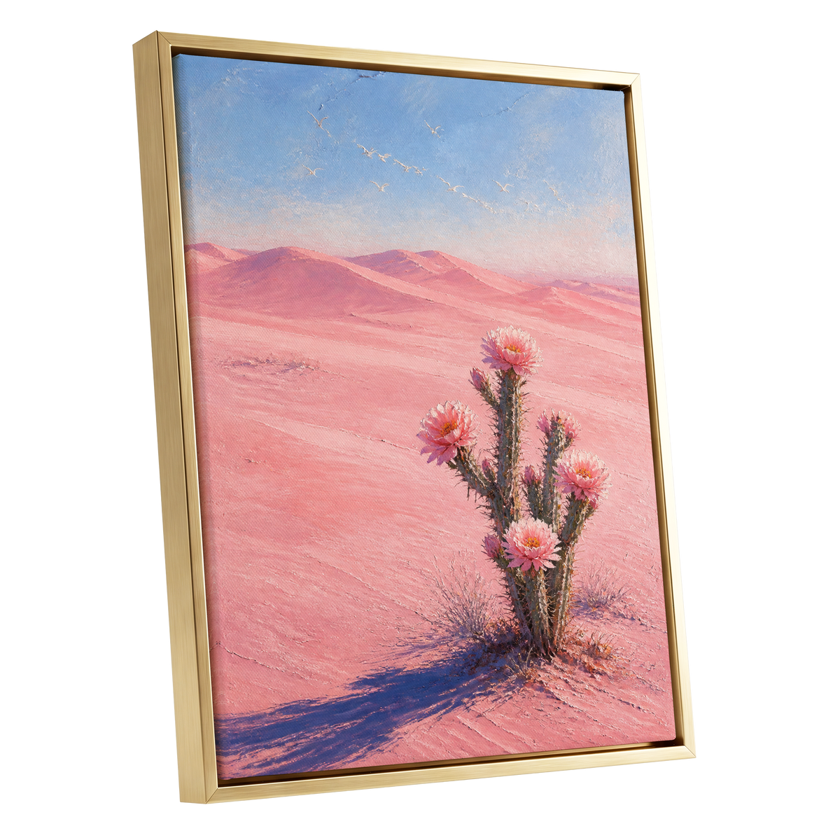 Blush Desert Bloom, pink, blue, brown floral wall art shown as a gold framed canvas wall art