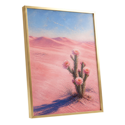 Blush Desert Bloom, pink, blue, purple floral wall art shown as a gold framed poster wall art print