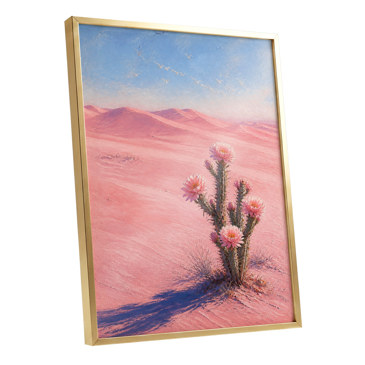 Blush Desert Bloom, pink, blue, brown floral wall art shown as a gold framed poster wall art print