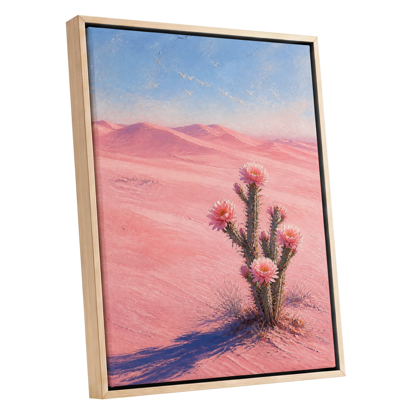 Blush Desert Bloom, pink, blue, purple floral wall art shown as a oak framed canvas wall art