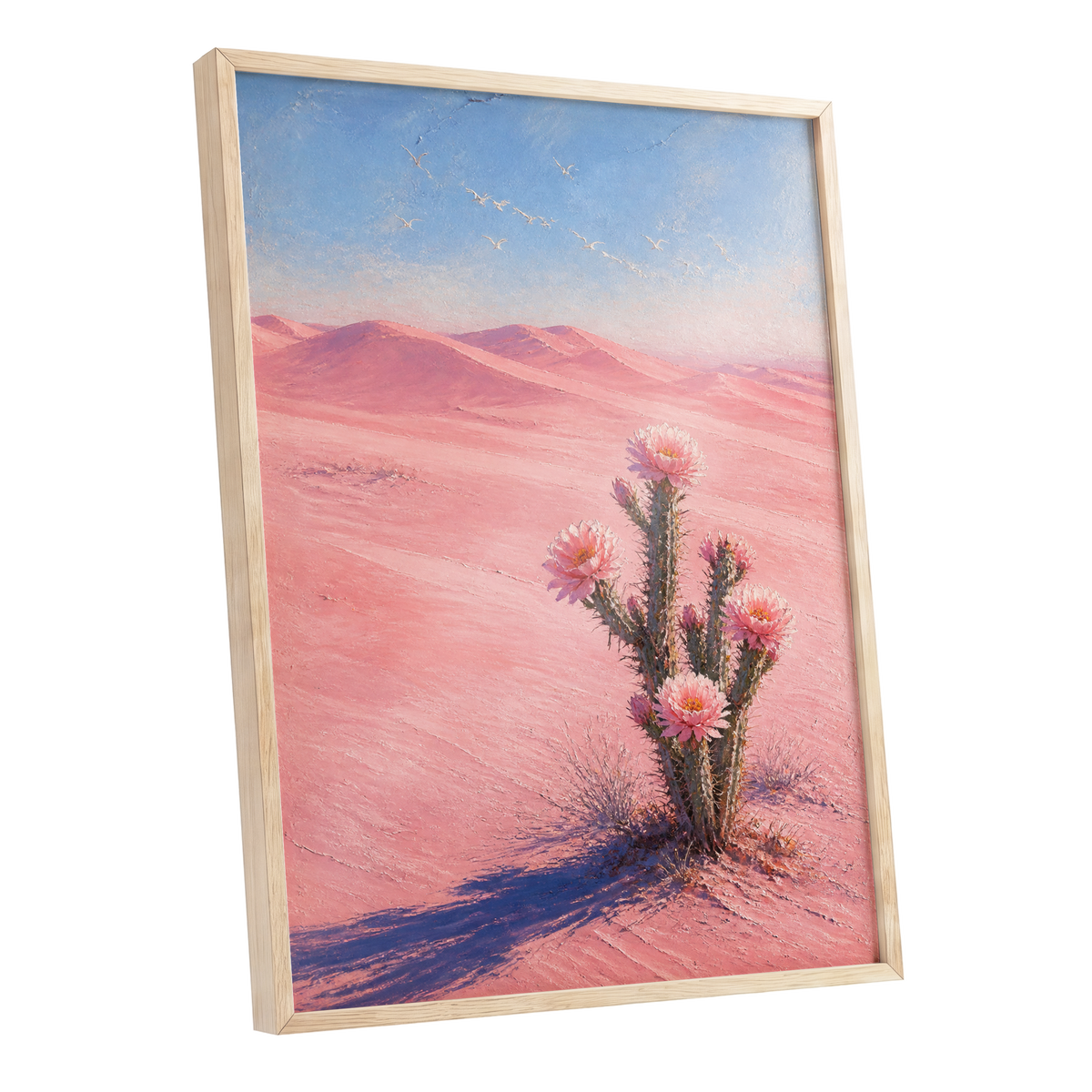 Blush Desert Bloom, pink, blue, brown floral wall art shown as a oak framed poster wall art print