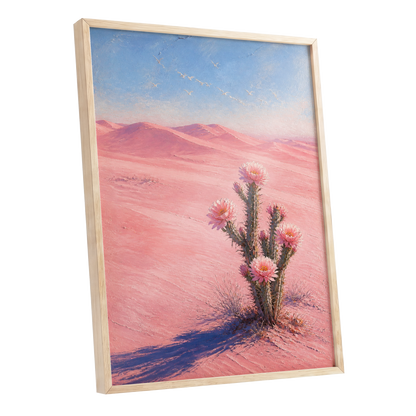 Blush Desert Bloom, pink, blue, brown floral wall art shown as a oak framed poster wall art print