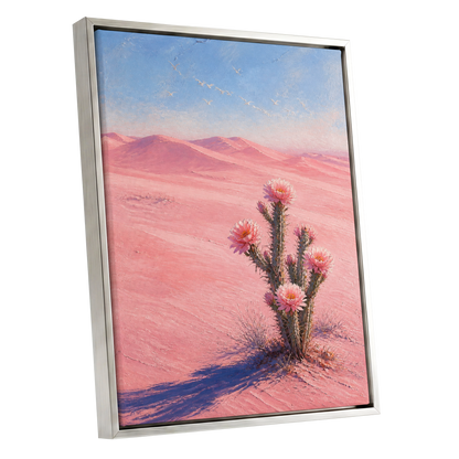 Blush Desert Bloom, pink, blue, purple floral wall art shown as a silver framed canvas wall art