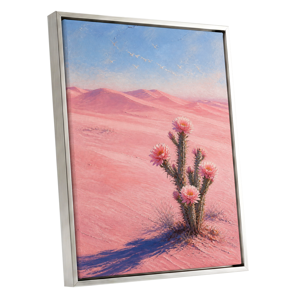 Blush Desert Bloom, pink, blue, brown floral wall art shown as a silver framed canvas wall art