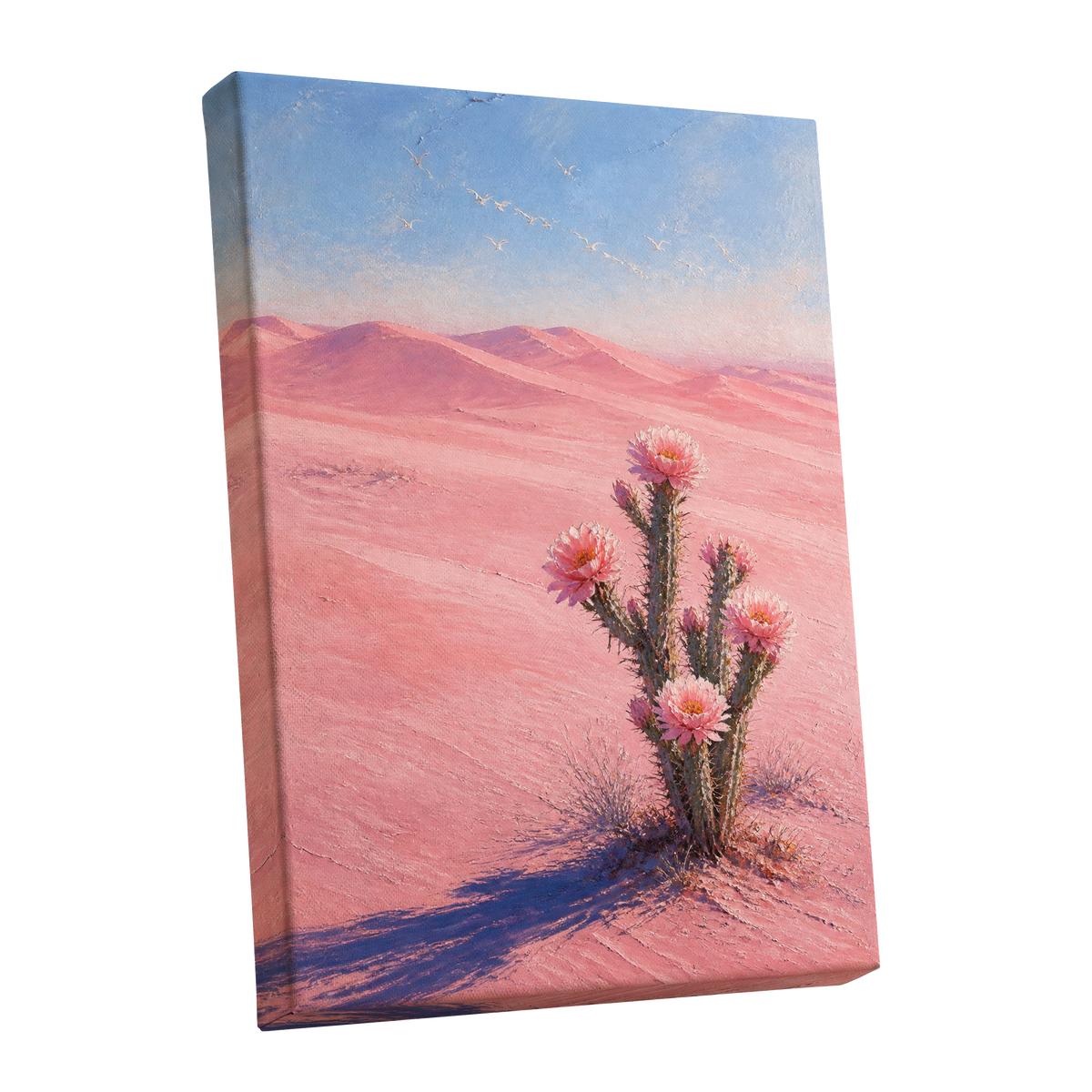 Blush Desert Bloom, pink, blue, brown floral wall art shown as a stretched canvas wall art