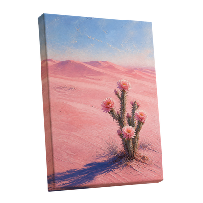 Blush Desert Bloom, pink, blue, brown floral wall art shown as a stretched canvas wall art