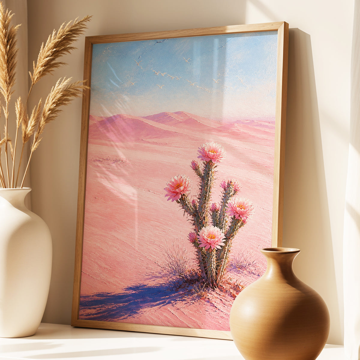 Blush Desert Bloom, pink, blue, purple floral wall art displayed in a styled interior, gallery view 1