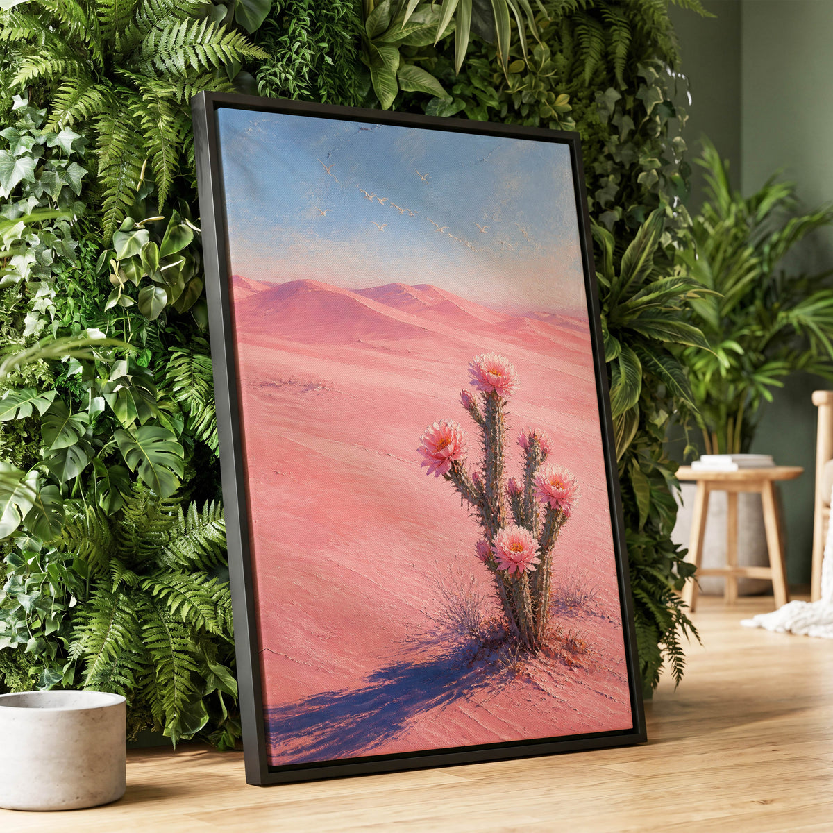 Blush Desert Bloom, pink, blue, brown floral wall art displayed in a styled interior, gallery view 1