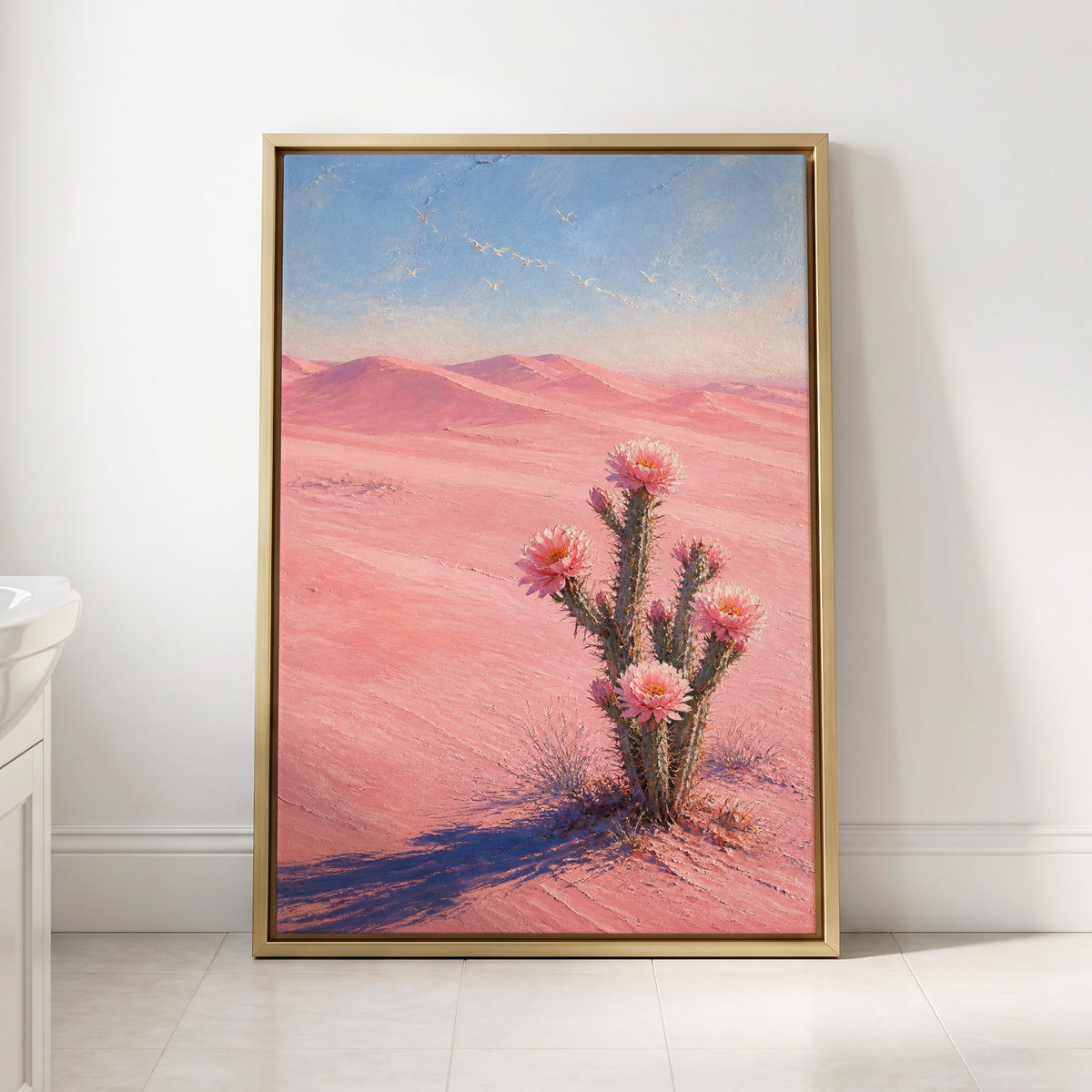 Blush Desert Bloom, pink, blue, purple floral wall art displayed in a styled interior, gallery view 2