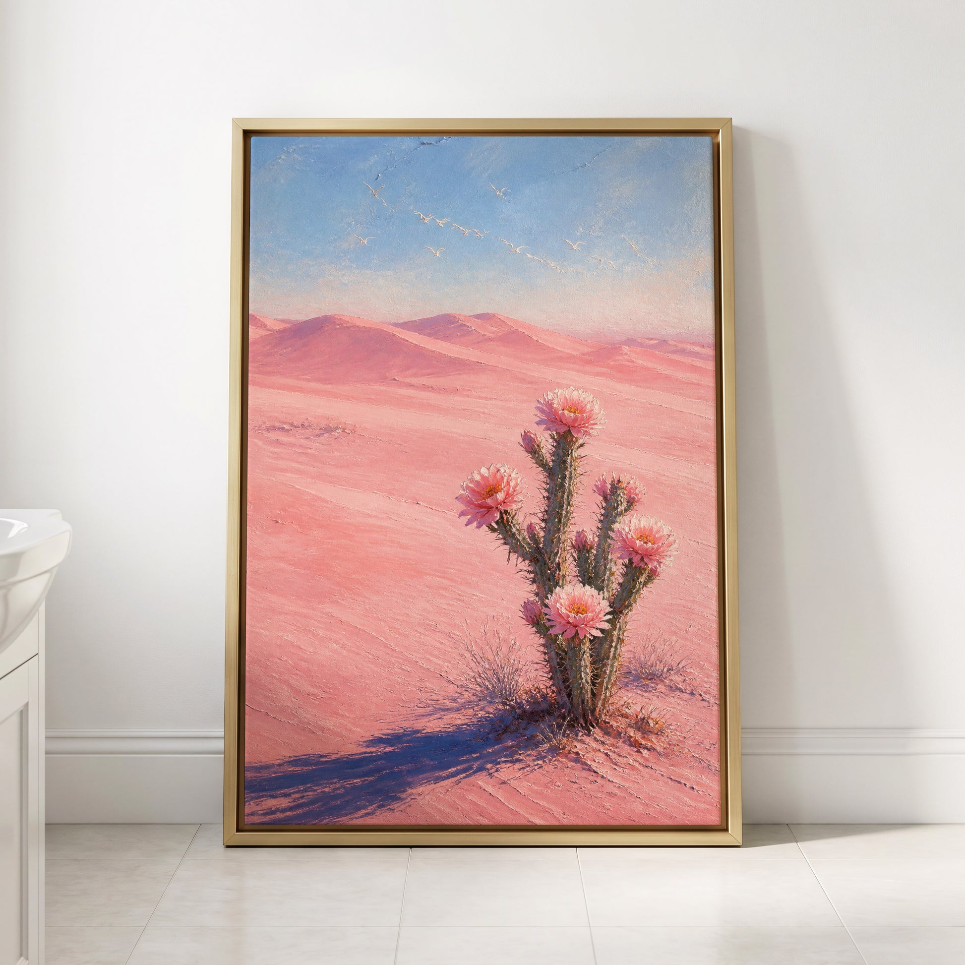 Blush Desert Bloom, pink, blue, purple floral wall art displayed in a styled interior, gallery view 2