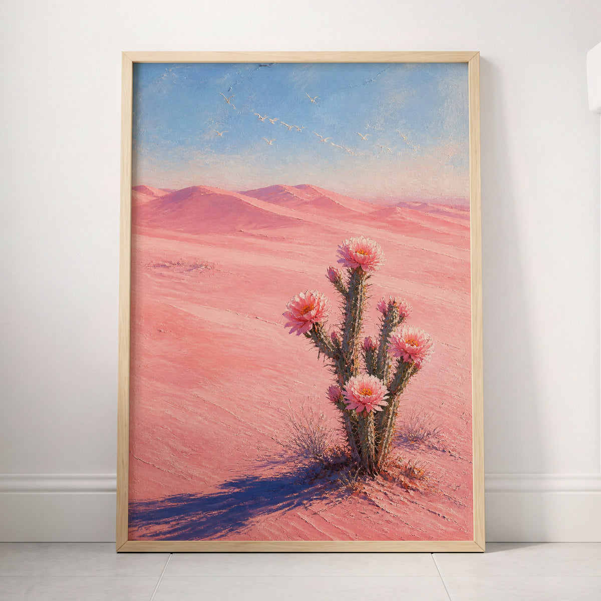 Blush Desert Bloom, pink, blue, purple floral wall art displayed in a styled interior, gallery view 3