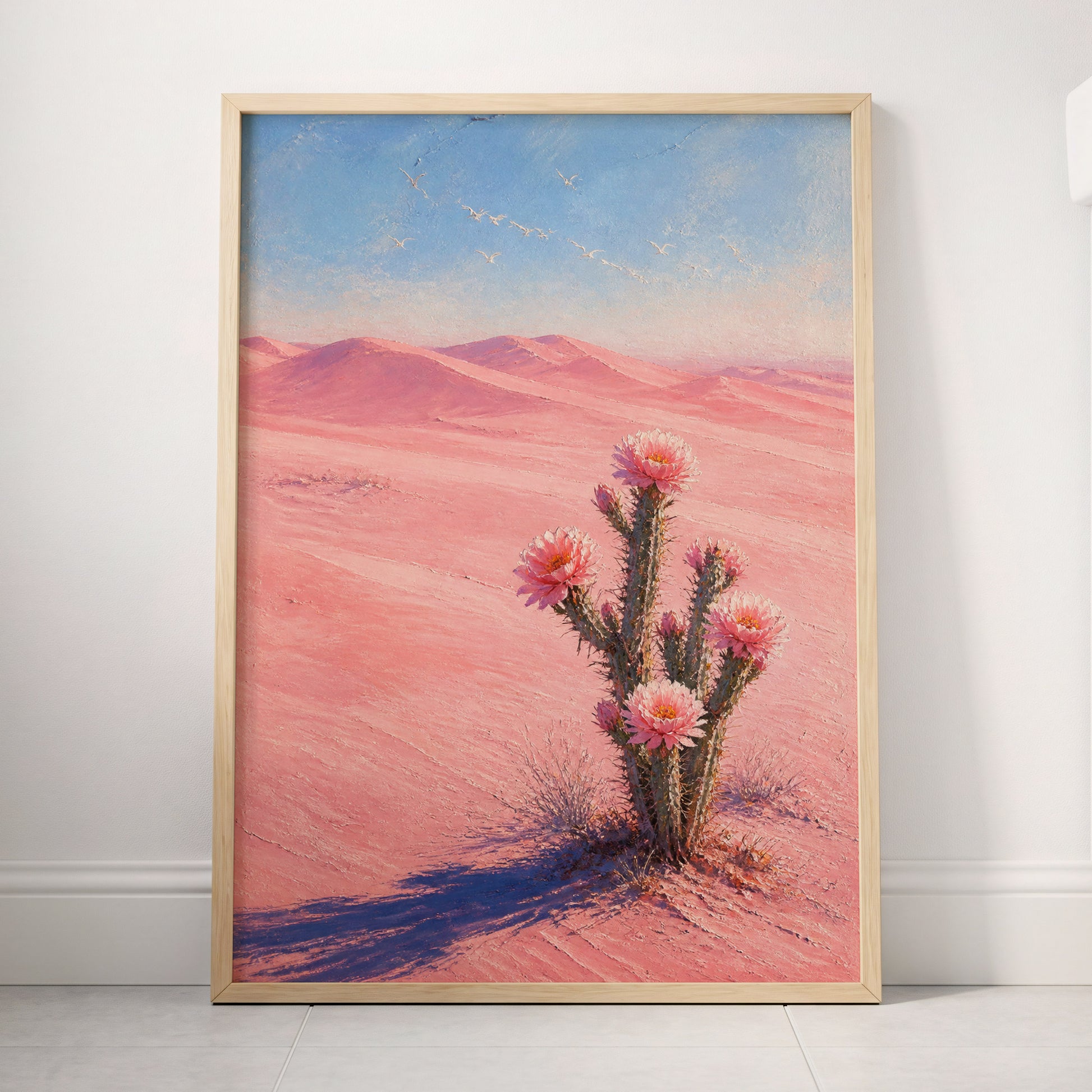 Blush Desert Bloom, pink, blue, purple floral wall art displayed in a styled interior, gallery view 3