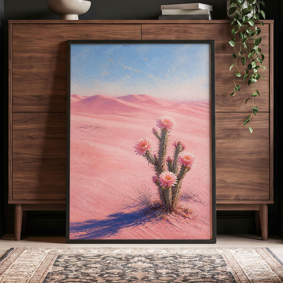 Blush Desert Bloom, pink, blue, brown floral wall art displayed in a styled interior, gallery view 5