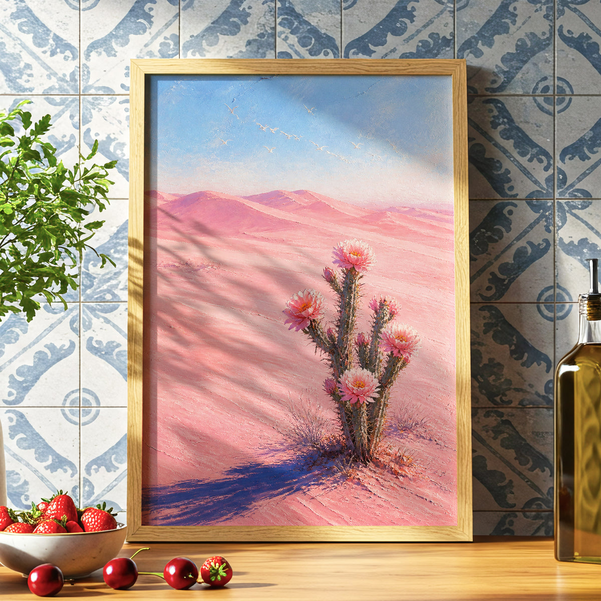 Blush Desert Bloom, pink, blue, brown floral wall art displayed in a styled interior, gallery view 6