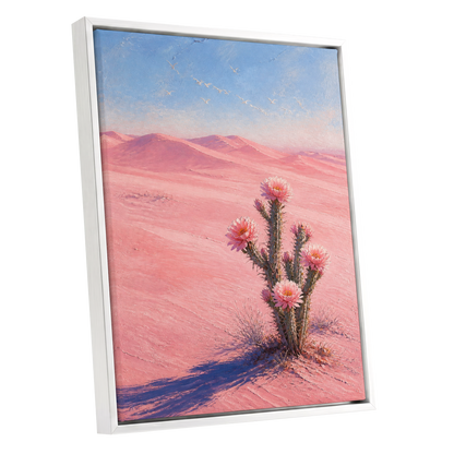Blush Desert Bloom, pink, blue, purple floral wall art shown as a white framed canvas wall art