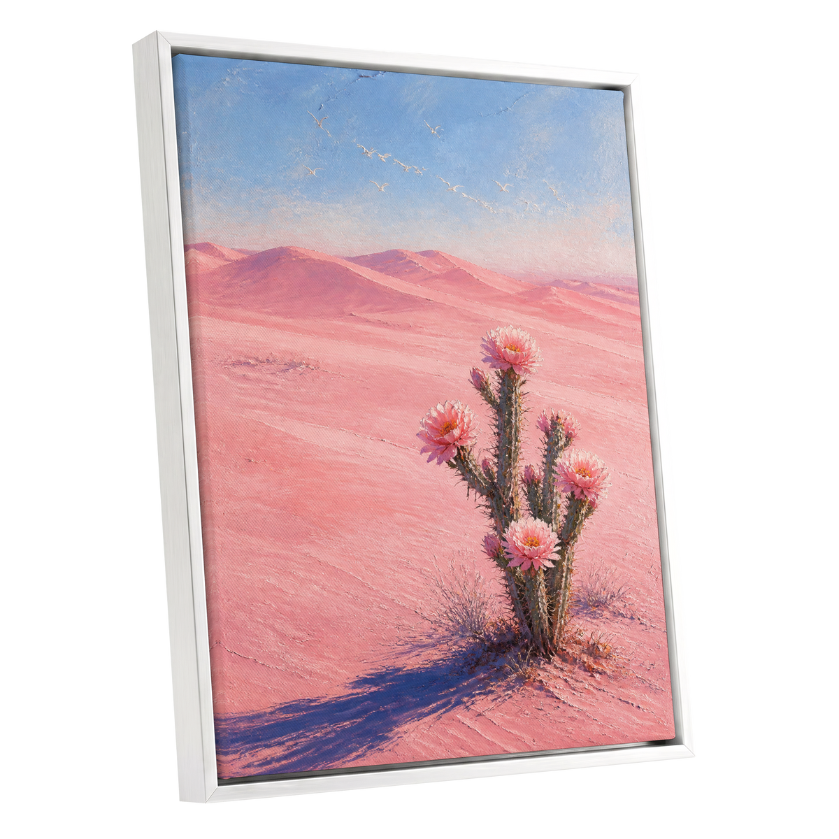 Blush Desert Bloom, pink, blue, brown floral wall art shown as a white framed canvas wall art