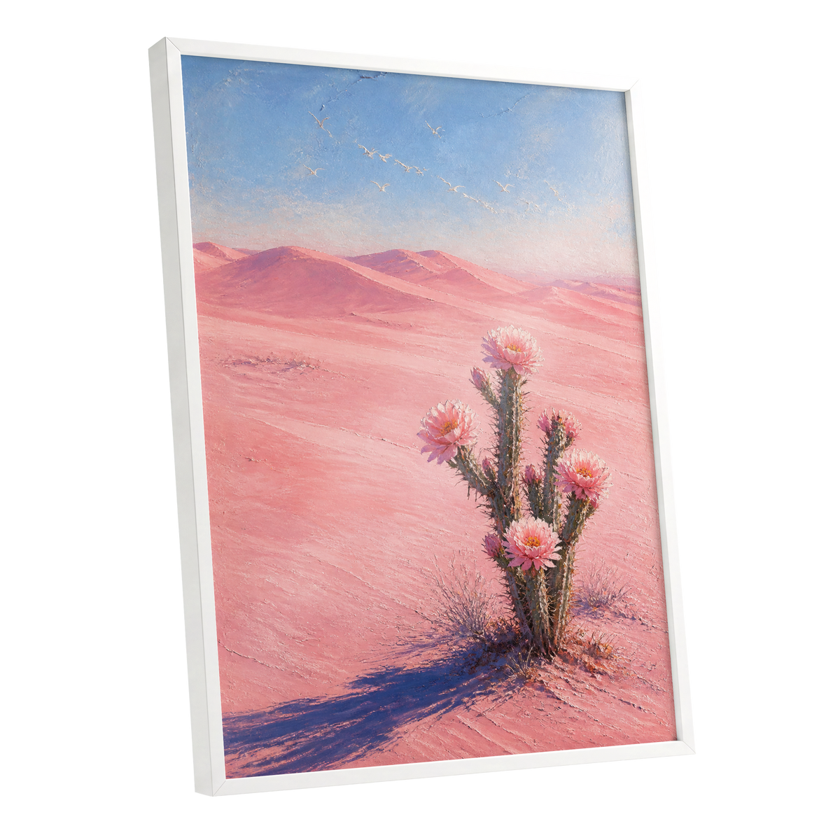 Blush Desert Bloom, pink, blue, purple floral wall art shown as a white framed poster wall art print