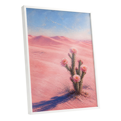 Blush Desert Bloom, pink, blue, purple floral wall art shown as a white framed poster wall art print