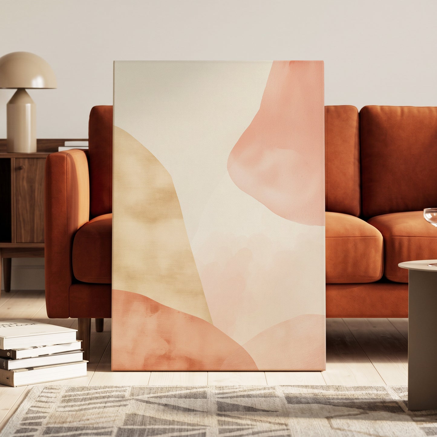 Blush Drift, pink, beige, white abstract wall art on canvas displayed in a styled interior, gallery view 1