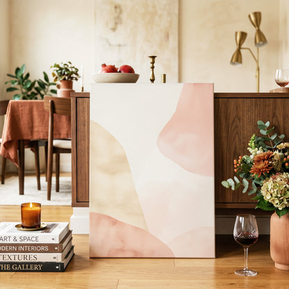 Blush Drift, pink, beige, white abstract wall art on canvas displayed in a styled interior, gallery view 2