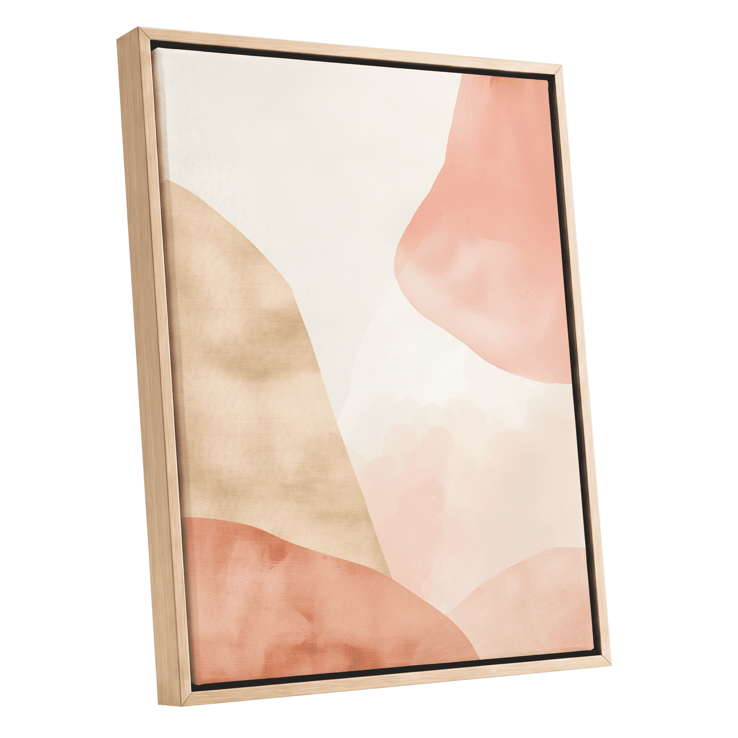 Blush Drift, pink, beige, white abstract wall art shown as a oak framed canvas wall art
