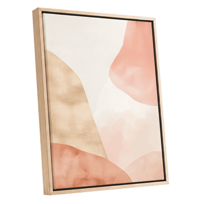 Blush Drift, pink, beige, white abstract wall art shown as a oak framed canvas wall art