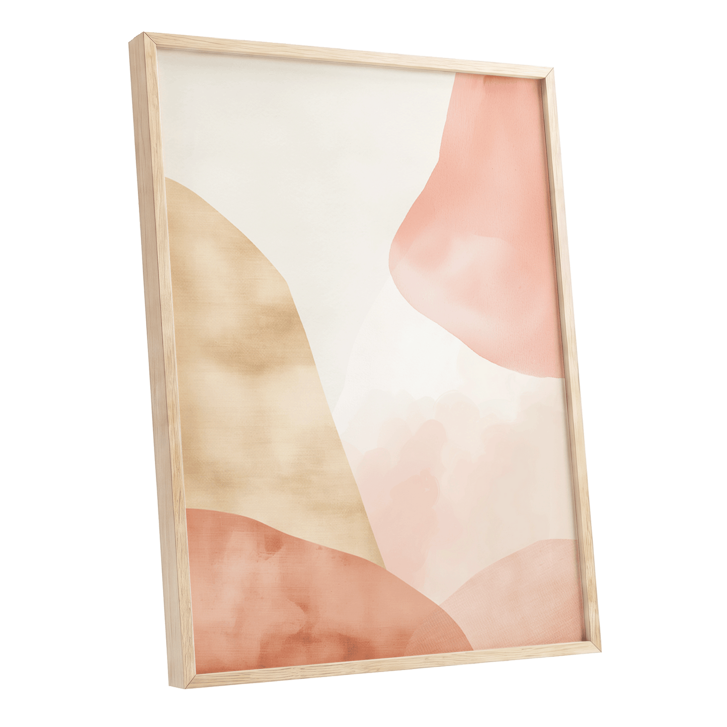Blush Drift, pink, beige, white abstract wall art shown as a oak framed poster wall art print