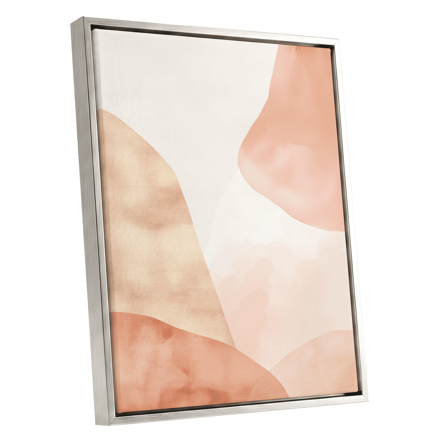 Blush Drift, pink, beige, white abstract wall art shown as a silver framed canvas wall art