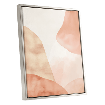 Blush Drift, pink, beige, white abstract wall art shown as a silver framed canvas wall art