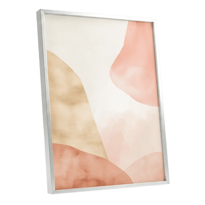Blush Drift, pink, beige, white abstract wall art shown as a silver framed poster wall art print