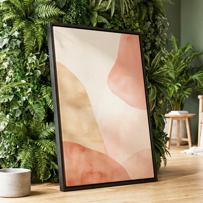 Blush Drift, pink, beige, white abstract wall art displayed in a styled interior, gallery view 1