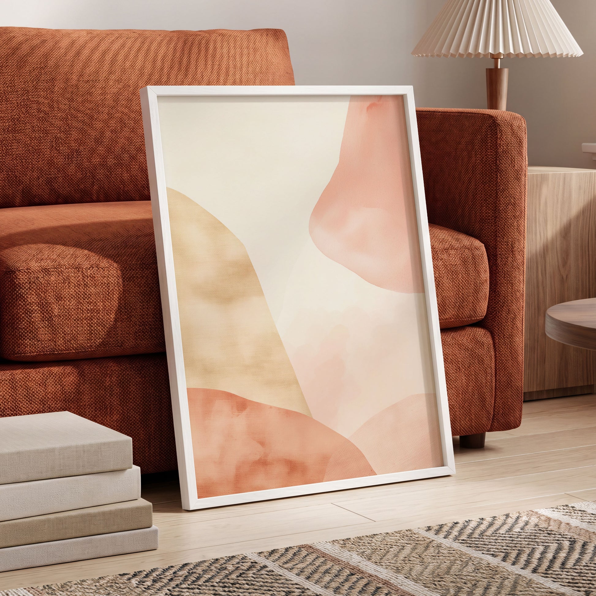 Blush Drift, pink, beige, white abstract wall art displayed in a styled interior, gallery view 6