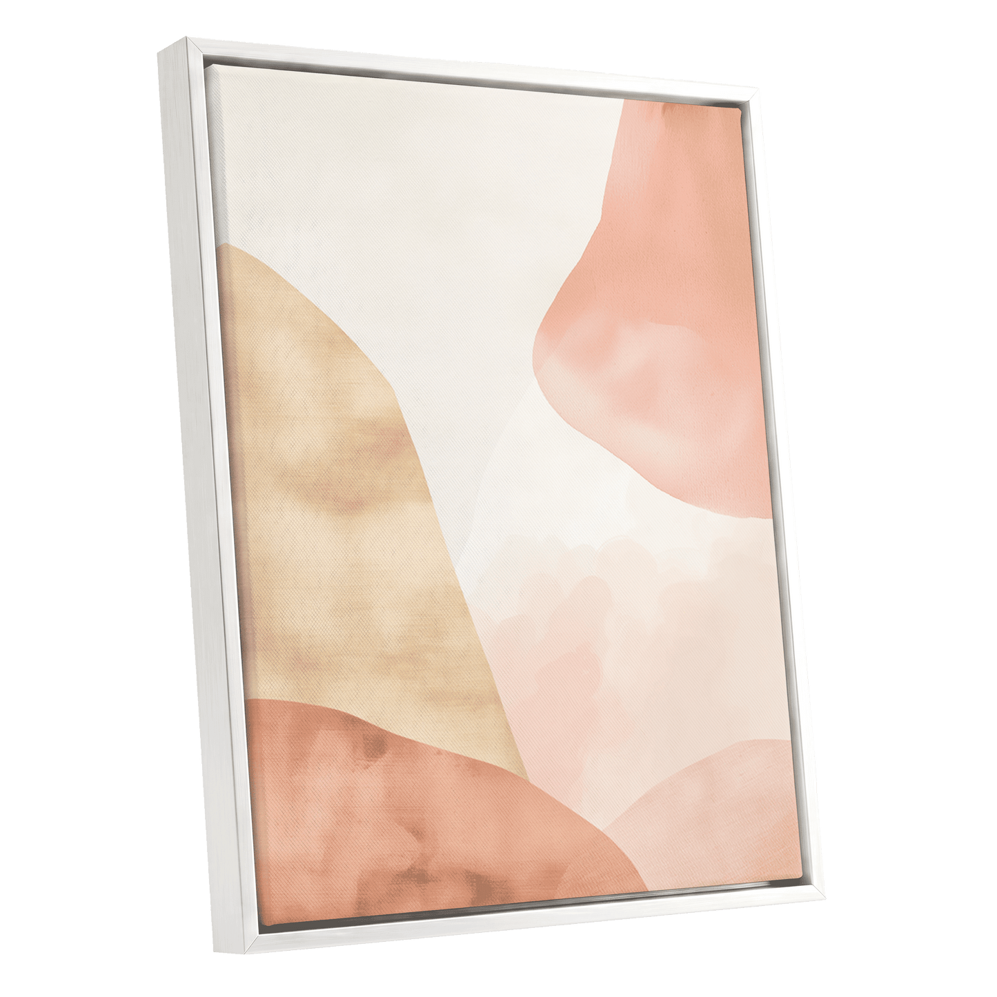 Blush Drift, pink, beige, white abstract wall art shown as a white framed canvas wall art
