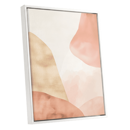 Blush Drift, pink, beige, white abstract wall art shown as a white framed canvas wall art