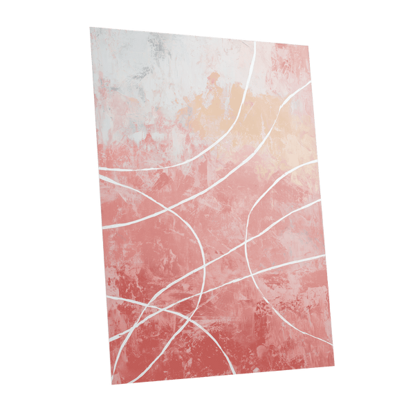 Blush Flow Line Abstract: an abstract rectangular wall art print with a textured gradient from pale blush pink and peach at the top into coral pink at the bottom, overlaid with thin white curved lines, shown on a plain white background.