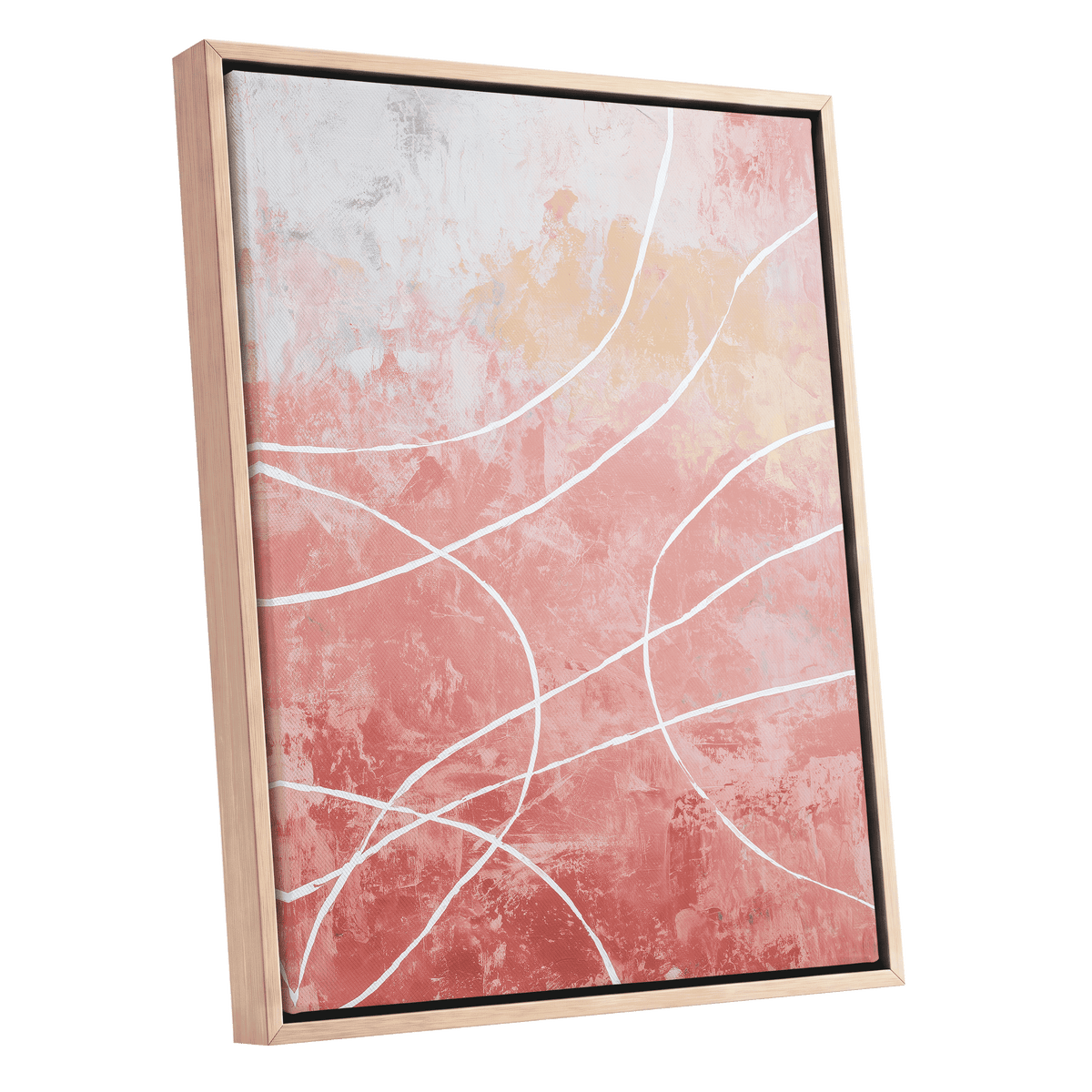 Blush Flow Line Abstract: framed abstract wall art featuring a textured pink and coral background with white curved line patterns, housed in a light natural wood frame with a black inner border, shown on a plain white background.