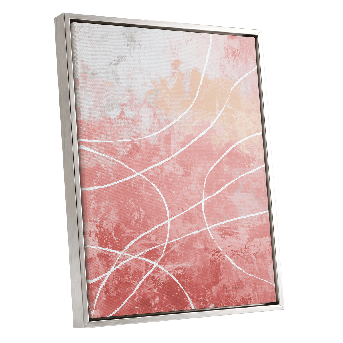 Blush Flow Line Abstract: framed abstract wall art featuring a textured pink and white background with flowing white line patterns and a warm peach section near the top, housed in a brushed silver frame.