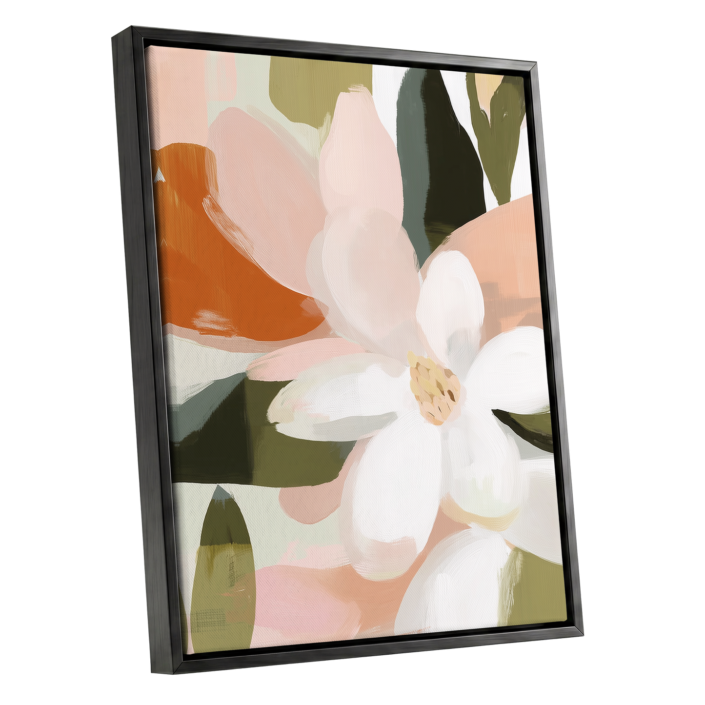 Blush Garden Forms, white, pink, green floral wall art shown as a black framed canvas wall art