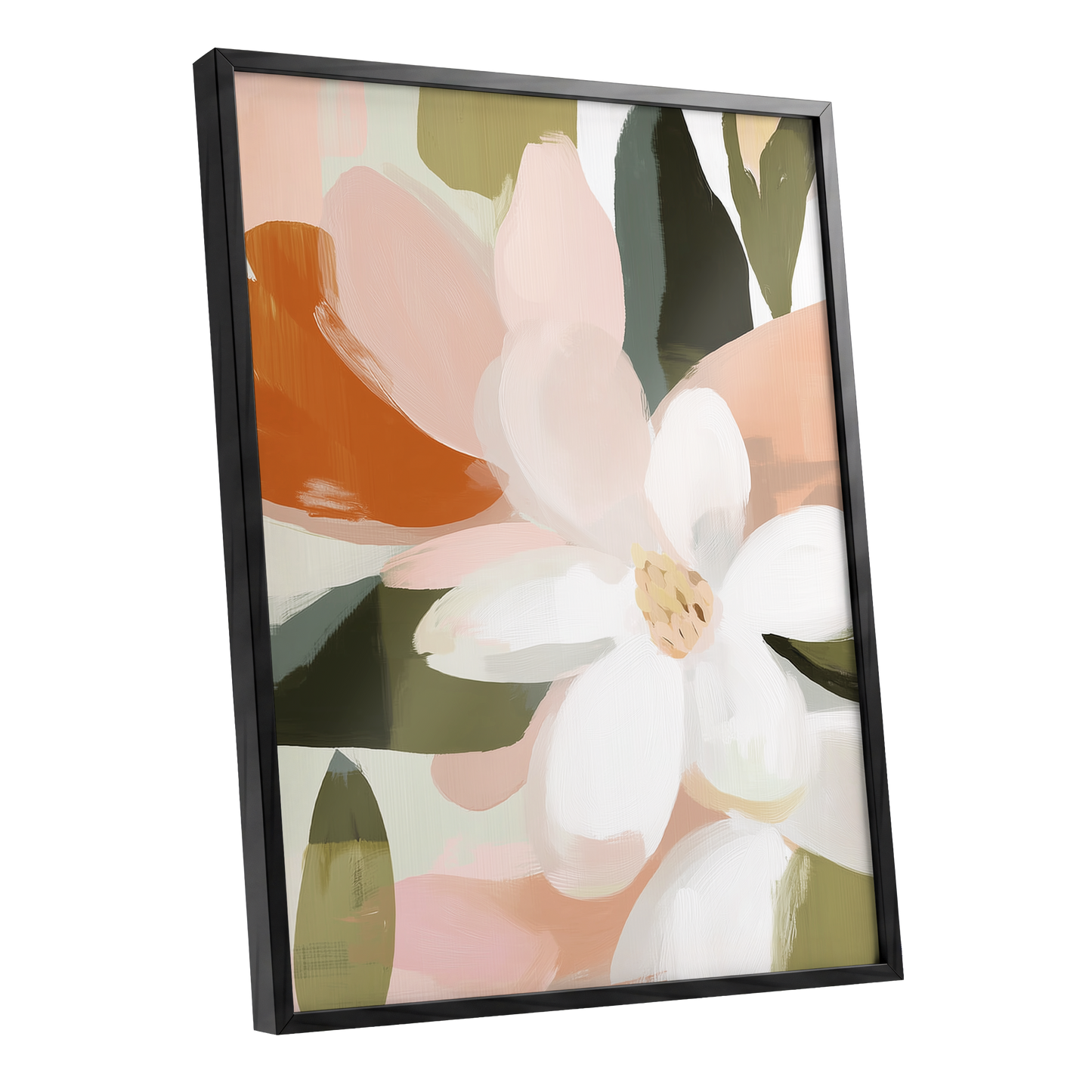 Blush Garden Forms, white, pink, green floral wall art shown as a black framed poster wall art print