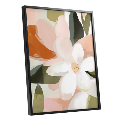 Blush Garden Forms, white, pink, green floral wall art shown as a black framed poster wall art print