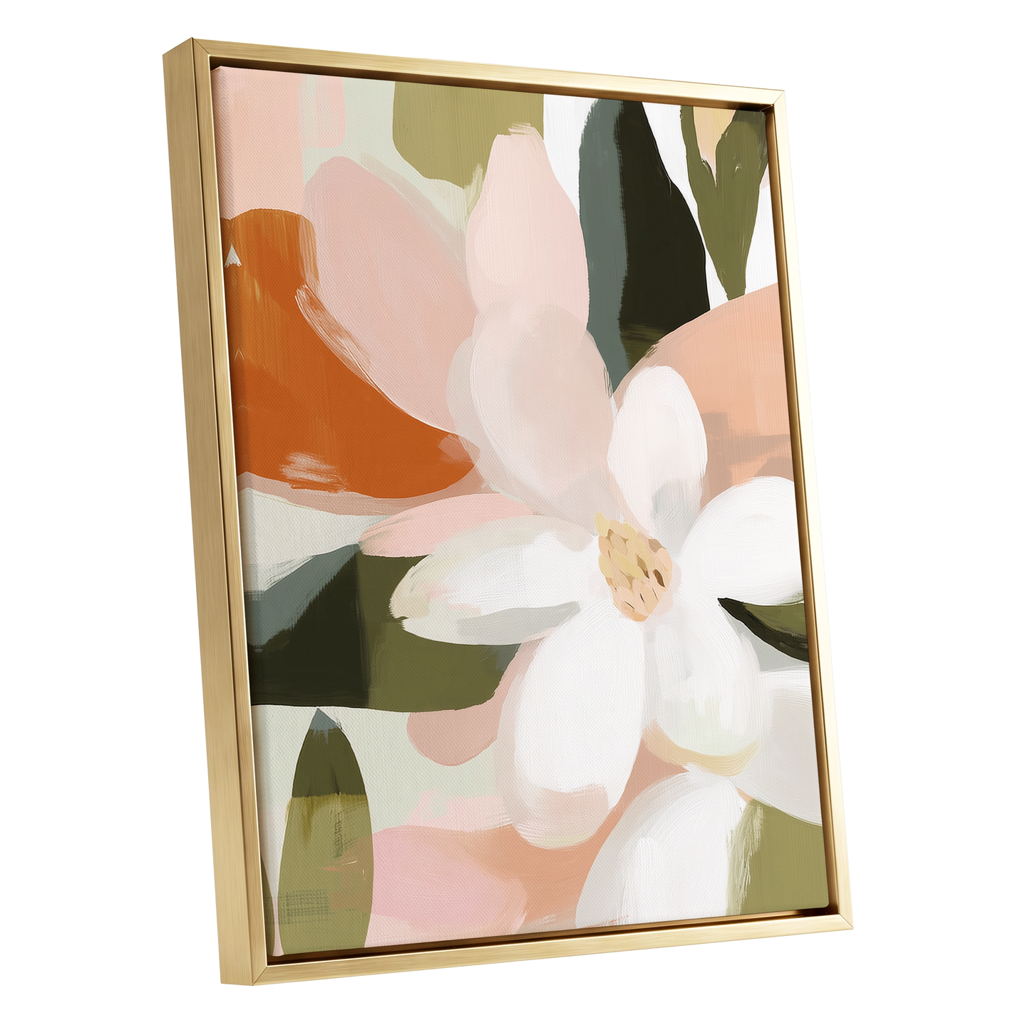 Blush Garden Forms, white, pink, green floral wall art shown as a gold framed canvas wall art