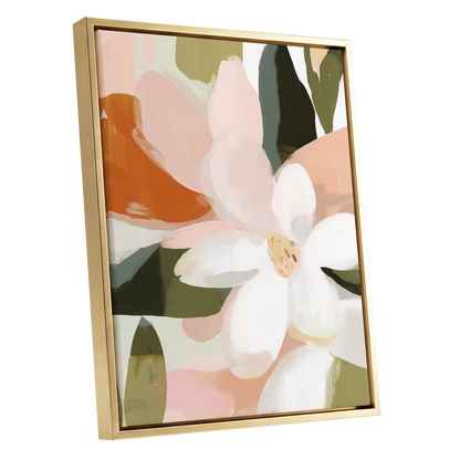 Blush Garden Forms, white, pink, green floral wall art shown as a gold framed canvas wall art