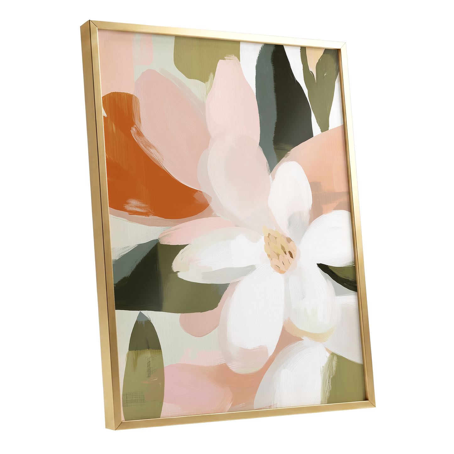 Blush Garden Forms, white, pink, green floral wall art shown as a gold framed poster wall art print