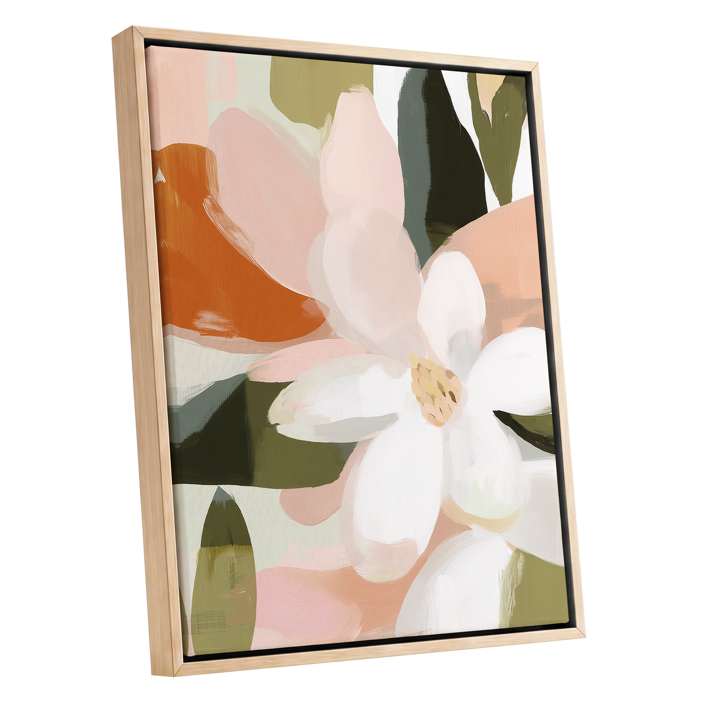 Blush Garden Forms, white, pink, green floral wall art shown as a oak framed canvas wall art