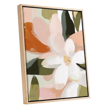 Blush Garden Forms, white, pink, green floral wall art shown as a oak framed canvas wall art