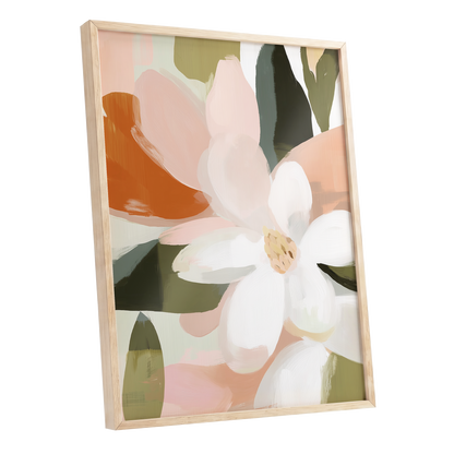 Blush Garden Forms, white, pink, green floral wall art shown as a oak framed poster wall art print