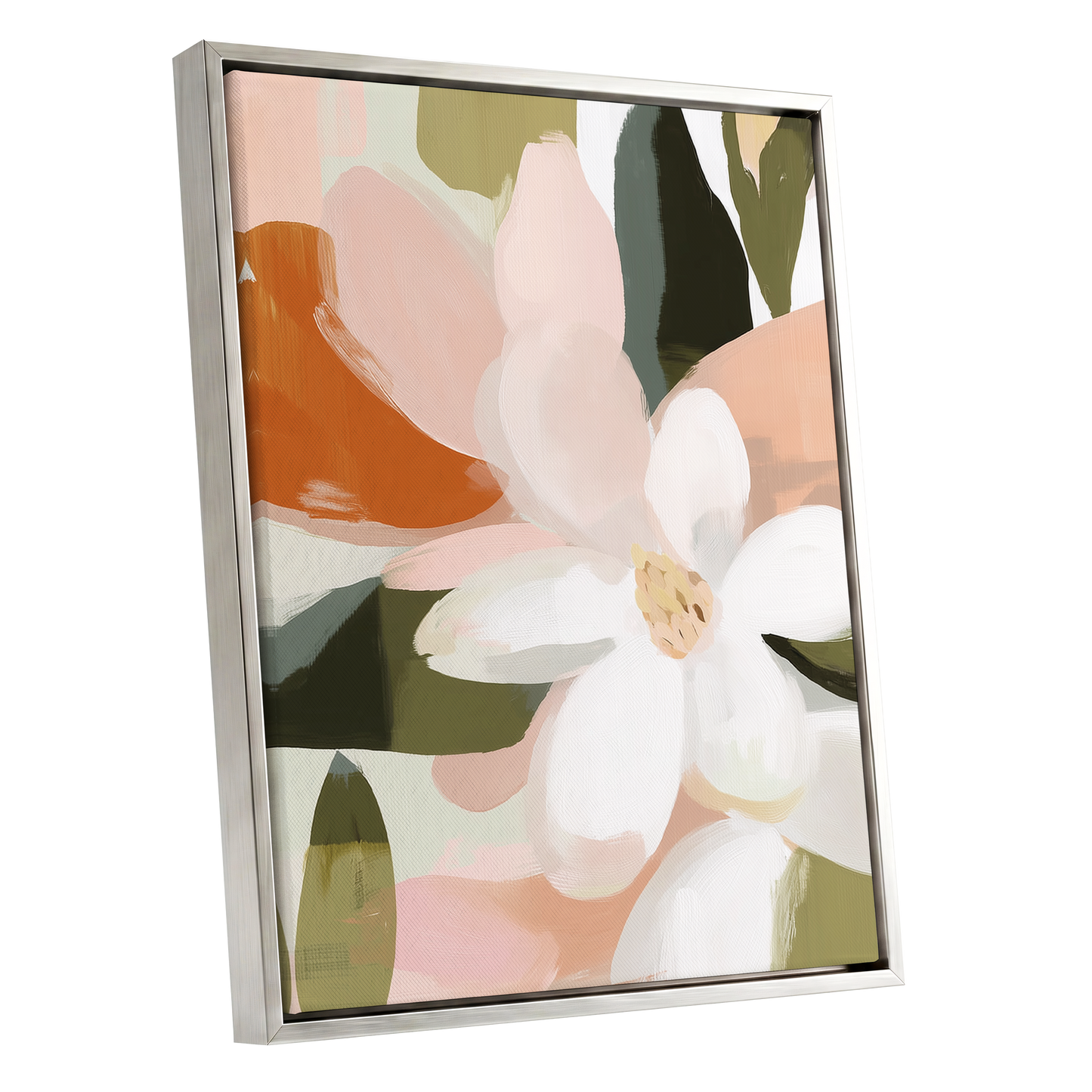 Blush Garden Forms, white, pink, green floral wall art shown as a silver framed canvas wall art