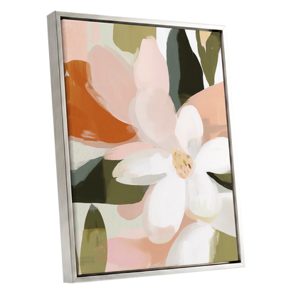 Blush Garden Forms, white, pink, green floral wall art shown as a silver framed canvas wall art