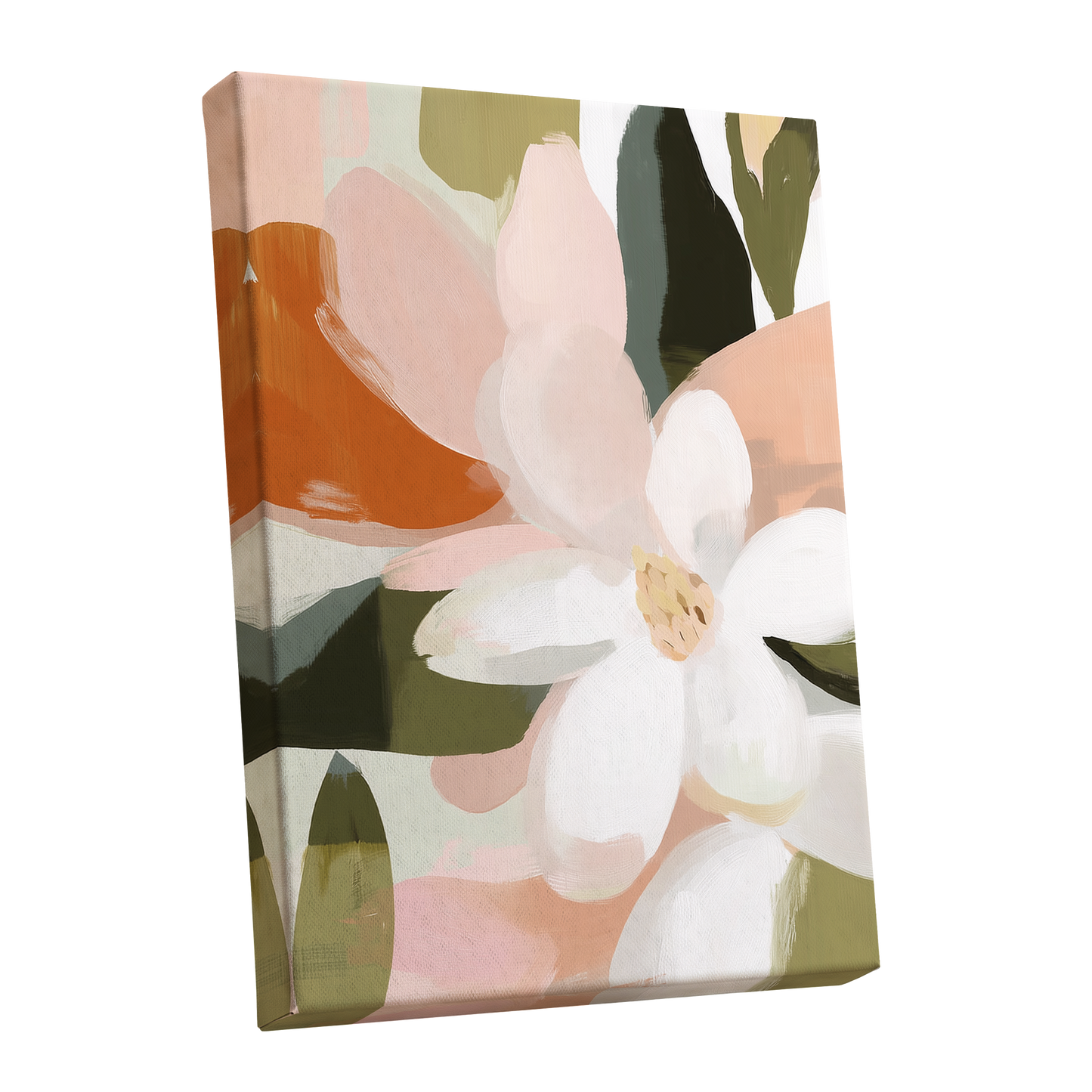 Blush Garden Forms, white, pink, green floral wall art shown as a stretched canvas wall art